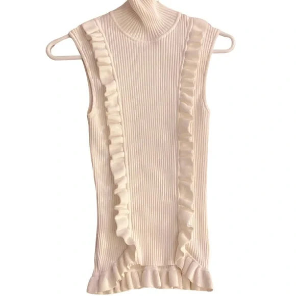 CINQ A SEPT Ruffle Front Sleeveless Mock Neck Sweater Ruffle Bottom Hem EUC - Picture 9 of 13
